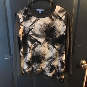 Long sleeve abstract print mixed fabric shirt